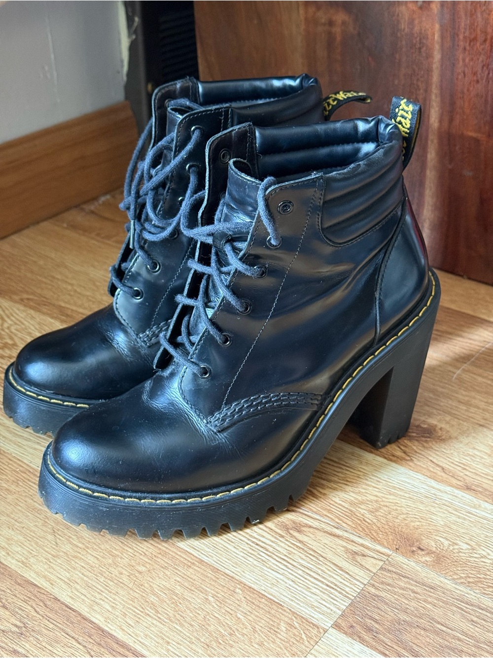 Dr. Martens Black Platform persephone Boots with Yellow Stitching